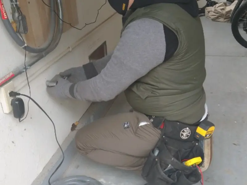 Electrician performing outlet wiring in a Miami Beach garage